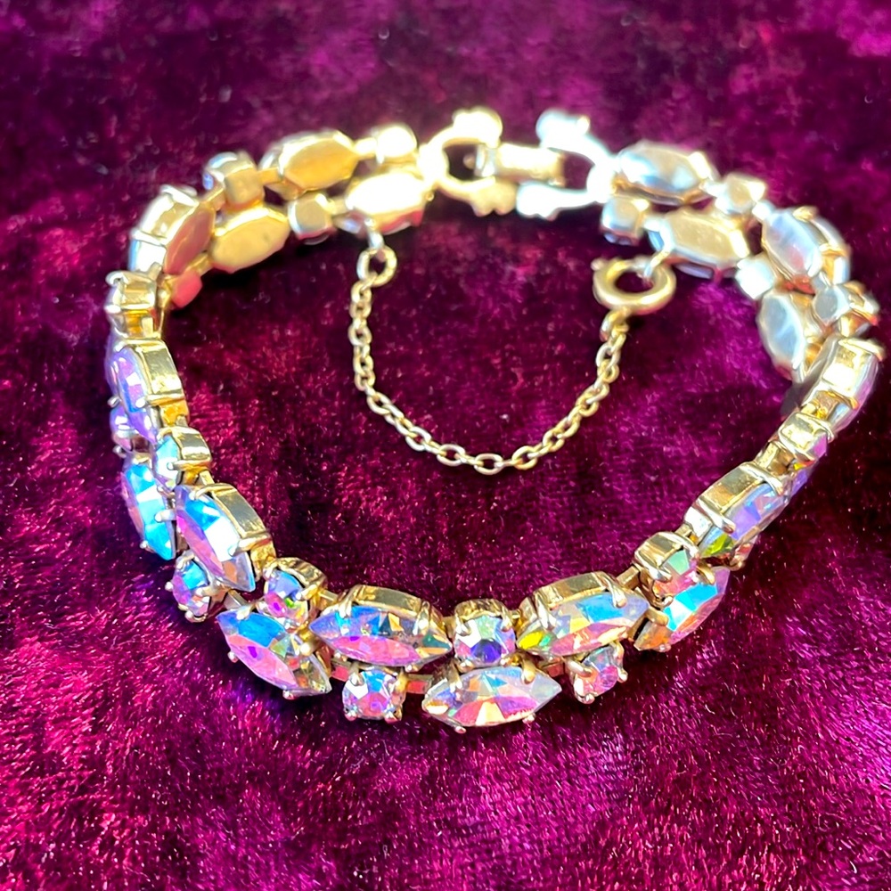 VINTAGE 2 ROW SHERMAN AURORA BOREALIS RHINESTONE BRACELET WITH SAFETY CHAIN